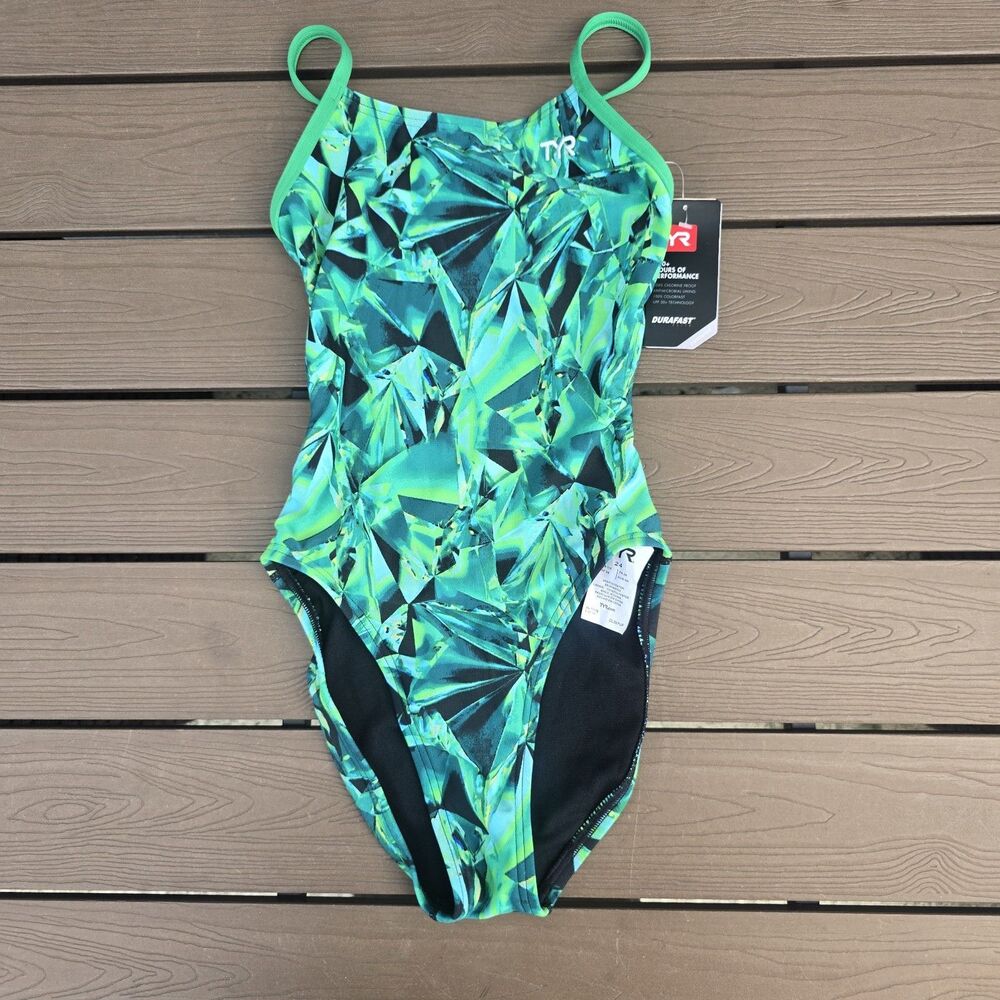 TYR DuraFast Elite Crystallize Cutoutfit 1 Pc Swim Green Youth Girl Sz 24 New